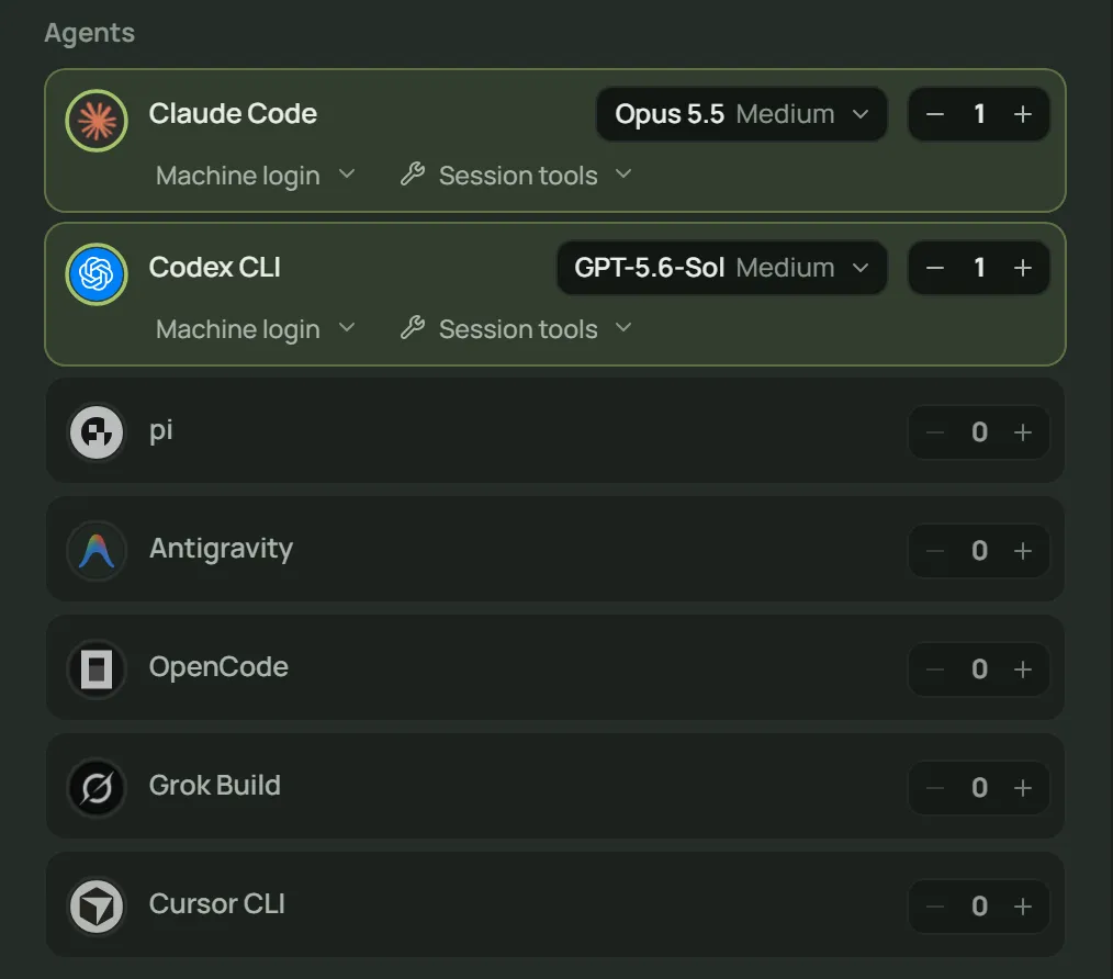 The seven built-in coding agents in the New session dialog, with Claude Code and Codex CLI picked.