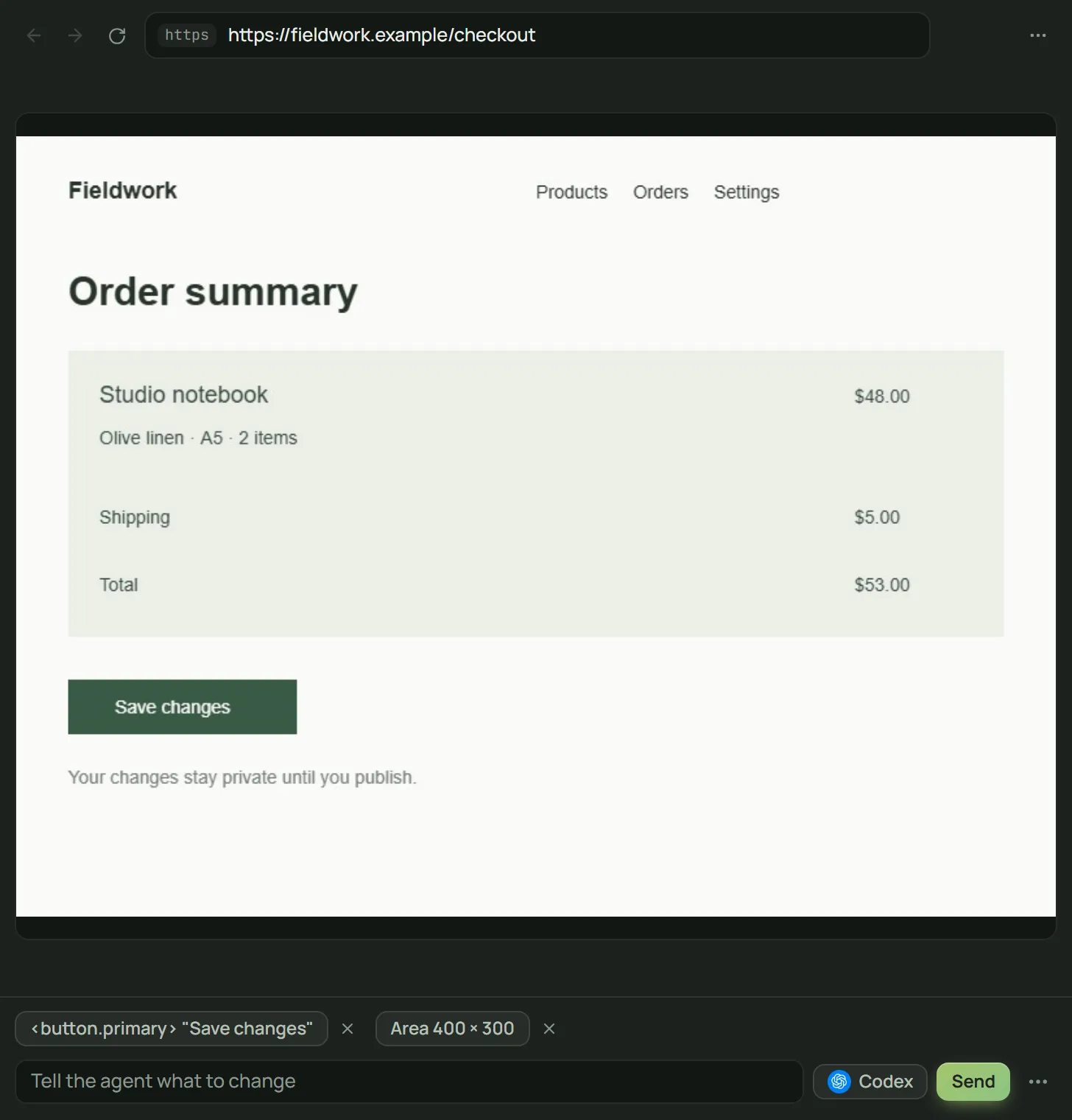 The built-in browser showing a web app with an element picked to send to the agent.