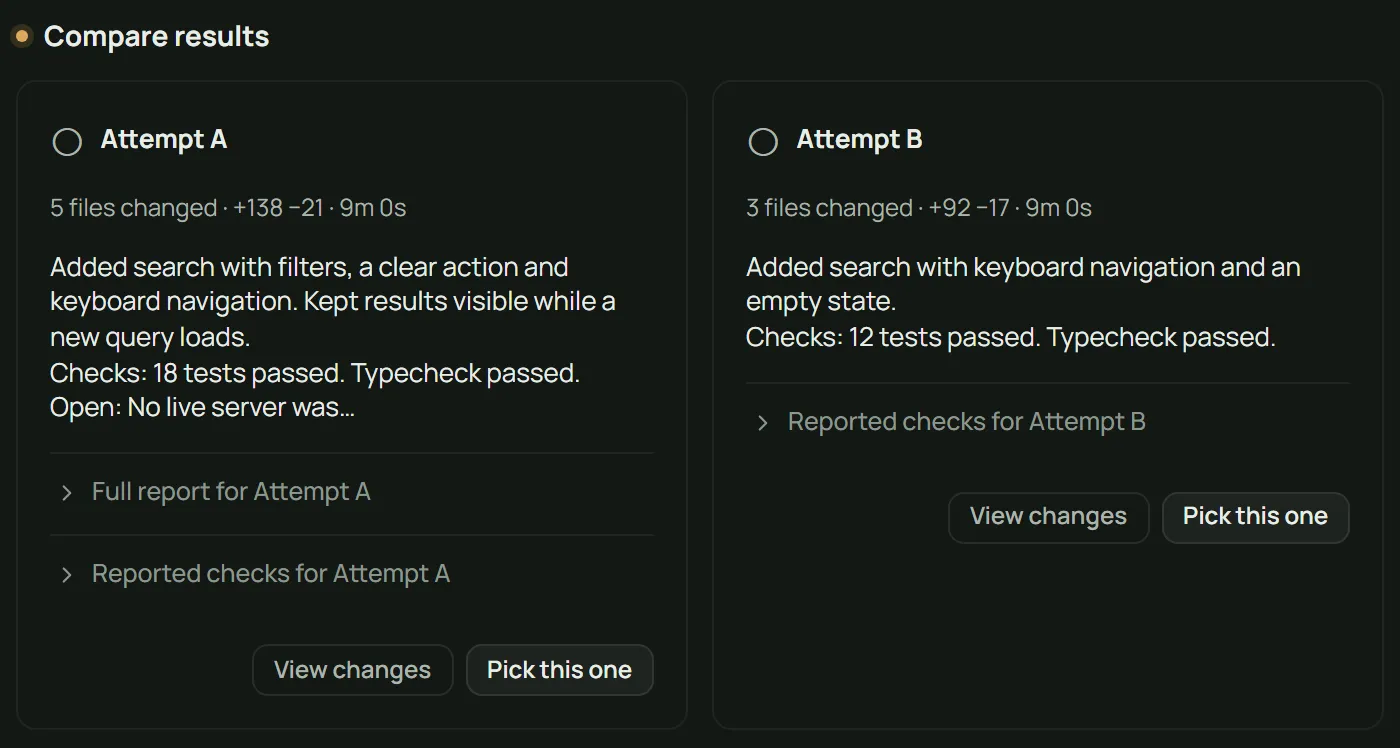 Two results labelled A and B side by side, waiting for a blind pick.