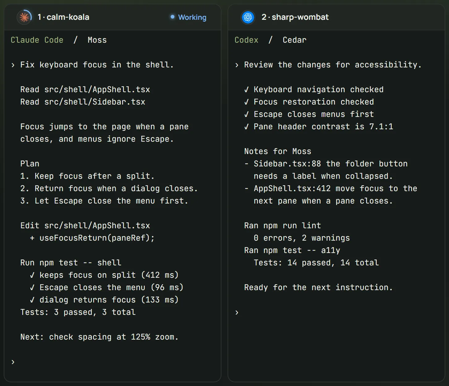 Two agent panes side by side in the Auton workspace, Claude Code on the left and Codex CLI on the right.