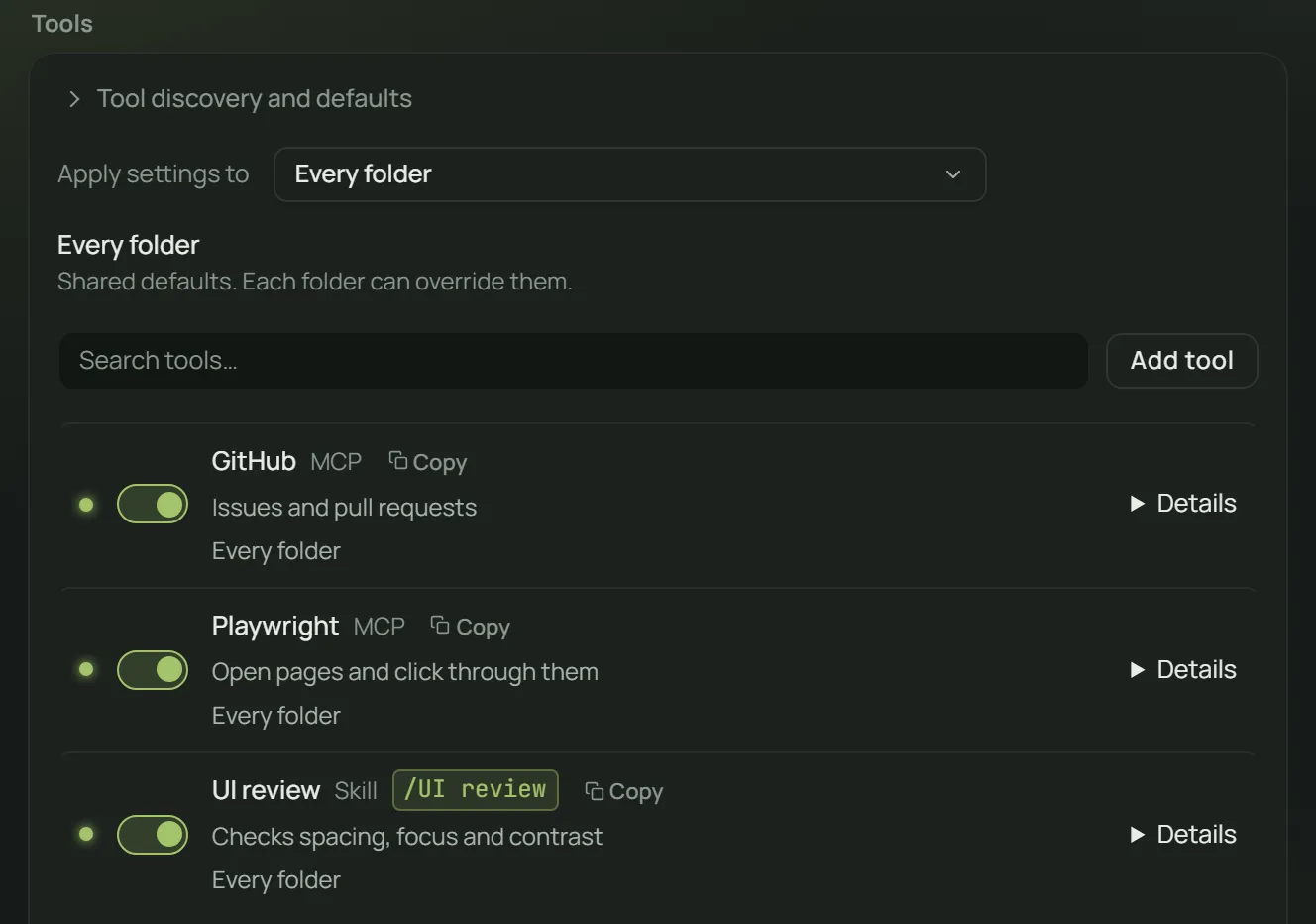Tools settings listing MCP servers and skills with on and off switches.
