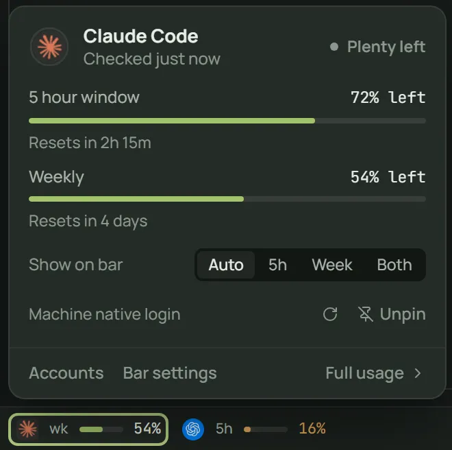 The usage card for Claude Code with its 5-hour and weekly limits and when they reset.