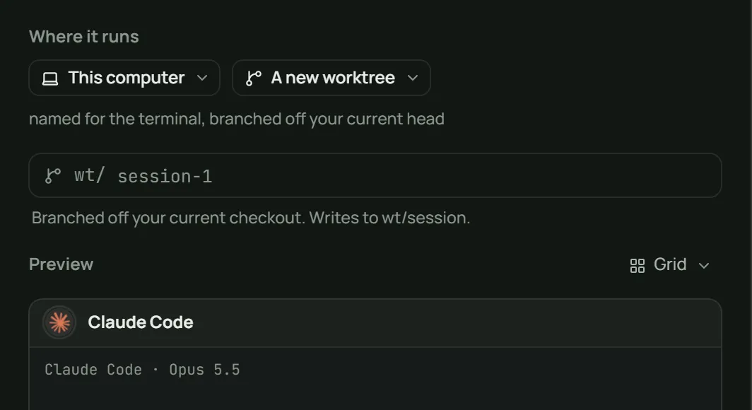 The New session dialog set to start the agent in a new worktree.